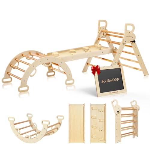 BlueWood Pikler Triangle Set for 2-6 Years Old (Natural Wood) | 7-In-1 Foldable Wooden Toddler Climbing Toys, Montessori Jungle Gym for Indoor Activity, Balance and Imaginative Play - color: Natural Wood