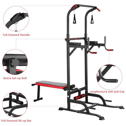 Arlopu Multi-Function Power Tower with Folding Bench 4 Training Ropes | Pull Up Bar Stand with Adjustable Heights and Angles, Heavy-duty Frame, 400LBS Capacity, Home Gym Full-body Strength Training