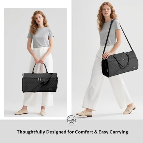 STOVER Women’s Convertible Garment Duffel Bag for Travel – 2-in-1 Carry-On Weekender/Overnight Tote - Wrinkle-Free Dresses, Suits & Clothes + Shoe Compartment & Bonus Toiletry Bag (Onyx Black) - color: Onyx Black