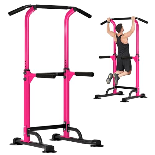 DlandHome Power Tower Pull Up Dip Station Multi-Function Fitness Equipment for Strength Training Adjustable Height Dip Stand for Home Gym - color: Pink