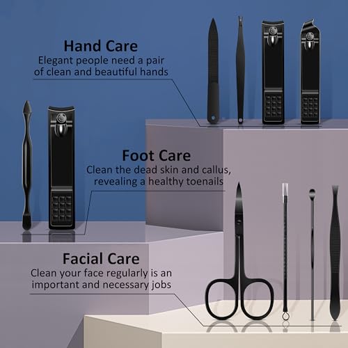 BLESWIN 10 in 1 Manicure Set, Professional Manicure Pedicure Kit for Women, Nail clipper Set for Men, Nail Care Kit with Leather Travel Case, Travel Nail Kit for Friends Parents Gift (Black) - color: 1-Black