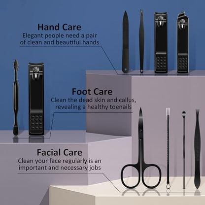 BLESWIN 10 in 1 Manicure Set, Professional Manicure Pedicure Kit for Women, Nail clipper Set for Men, Nail Care Kit with Leather Travel Case, Travel Nail Kit for Friends Parents Gift (Black) - color: 1-Black