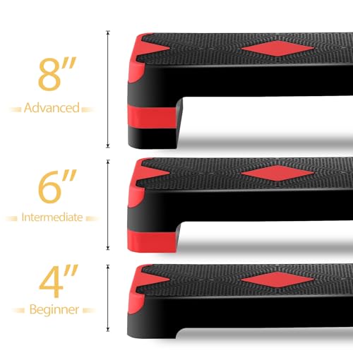 HomGarden Adjustable Workout Aerobic Stepper in Fitness & Exercise Step Platform Trainer Stepper w/Risers Adjust 4"-6''-8'' - color: Red