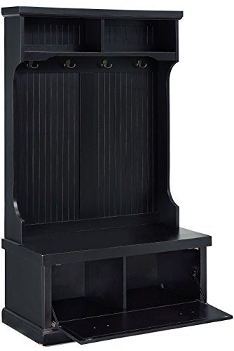 Crosley Furniture Seaside Hall Tree with Shoe Rack Bench and Hooks for Hanging Storage, Distressed Black - color: Distressed Black, style: Hall Tree