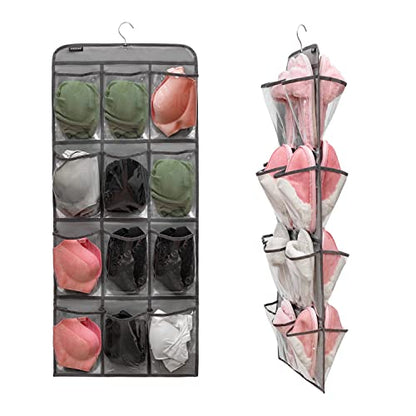 Dual Sided Hanging Shoe Organizer for Closet with Rotating Hanger Hanging Shoe Rack Holder with 24 Large Pockets (GREY-Clear Pockets) - color: GREY