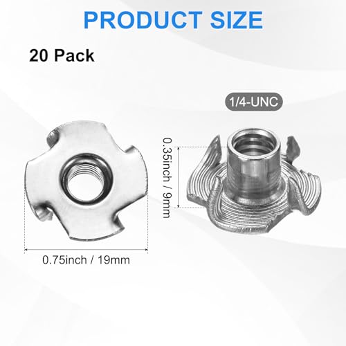 M METERXITY 20-Pack 1/4-UNC T-nut, 6/16" Barrel Length Stainless Steel 4-Pronged Tee Nut Threaded Insert for Wood/Rock Climbing Holds/Furniture, Corrosion Resistant Fasteners - size: 1/4-UNC