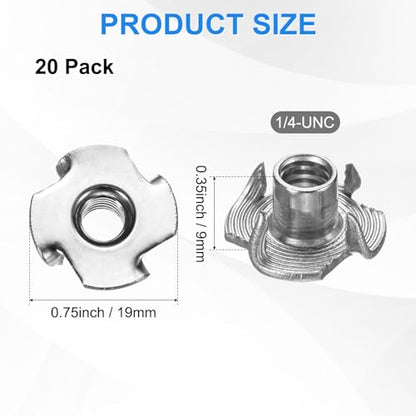 M METERXITY 20-Pack 1/4-UNC T-nut, 6/16" Barrel Length Stainless Steel 4-Pronged Tee Nut Threaded Insert for Wood/Rock Climbing Holds/Furniture, Corrosion Resistant Fasteners - size: 1/4-UNC