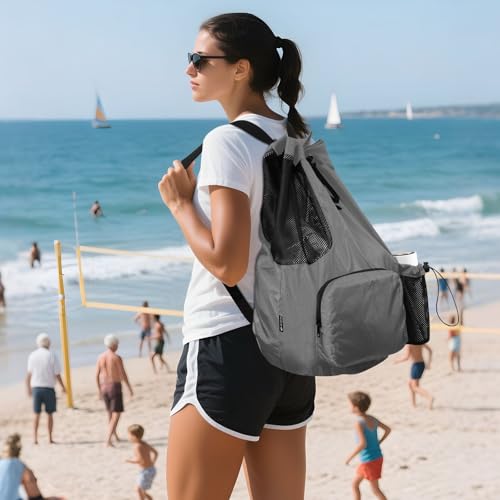Yuiboo Gray Drawstring Gym Bags for Men Women Climbing Gym Bag with Water Bottle Pocket Pull String Back Pack Wet and Dry Separation