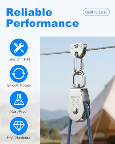 Rocaris 2 Pack M50 Single Pulley Snatch Block 304 Stainless Steel Lifting Crane Heavy Duty Swivel Hook, 3/8" Rope x 2" Sheave, 800 lbs Load - style: 2 Pack M50 Single