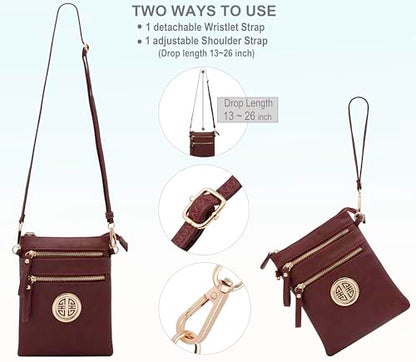 Solene Small Multi Zipper Pockets Crossbody Bag with Detachable Wristlet - color: Burgundy