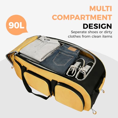 Searock 90L Rolling Duffle Bag with Wheels and Handle, 31” Large Duffle Bag for Travel, Carry On Luggage Duffel Bag with Shoe Compartment, Multi-Pocket, Water Resistant, Yellow - color: Yellow