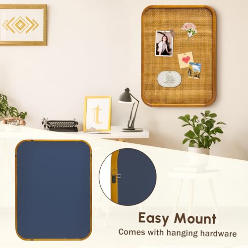 18" x 24" Bulletin Board, Round-Edged Rectangle Rattan Corkboard, Wooden Frame Boho Style Wall Organizer,4560Teng - size: 18*24 inch