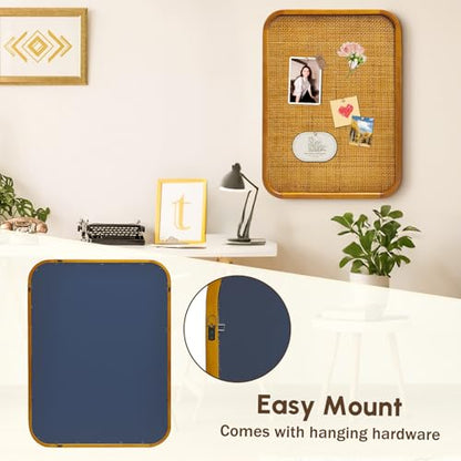 20" x 30" Bulletin Board, Round-Edged Rectangle Rattan Corkboard, Wooden Frame Boho Style Wall Organizer,5075Teng - size: 20*30 inch