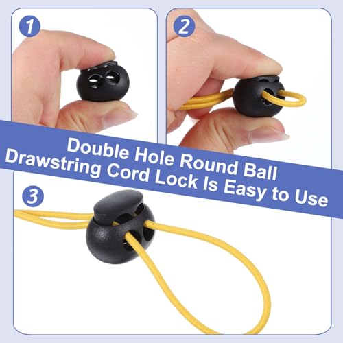 Jeffdad 50pcs Black Spring Cord Locks for Drawstrings, Plastic Cord Lock Double Hole Round Ball Drawstring Cords Lock for Drawstring Shoelaces Clothing Bags