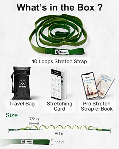 Tumaz Stretching Strap, 10-Loop Non-Elastic Yoga Strap | Designed for stretching, yoga, Pilates and rehab with 10 loops, durable webbing and a longer 79-inch design - color: Army Classic, size: Value-Upgrade