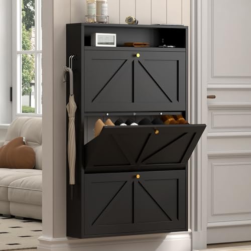 Modern Enclosed Shoe Rack, 3 Flip Drawer Shoe Storage with Open Top Shelf & Hooks, Slim Wall Mounted Shoe Cabinet for Small Space, Thin Storage for Shoes, Anti-Tip Design, Black - color: Black--3 Flip Drawer With Pegboard
