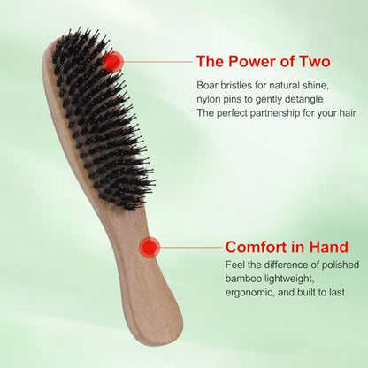 PERFEHAIR Boar Bristle Hair Brush, Bamboo Handle Mini Brush, 7.5 in | Dual boar + nylon bristles · 65g bamboo handle · 7.5 x 1.6 in · smooths thick, curly, fine hair · for women, men & kids