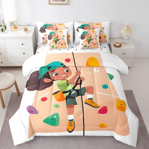 Cartoon Kid Climbing Queen Size 7 Piece Comforter Set for Boys Girls, Colorful Climbing Wall Printed Bed in a Bag for Kids, Rock Climber Sheet Set with Comforter, Bouldering Sports Theme Bedding Sets - color: Beige White, size: Queen