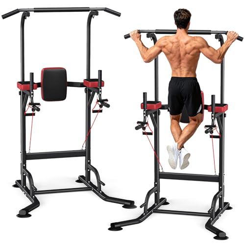 Dskeuzeew Pull Up Bar Free Standing for Multi-Function Home Gym Strength, Pull Up Dip Station Assistive Trainer Height Adjustable, Power Tower Training Heavy-Duty Fitness Equipment - color: Black Red