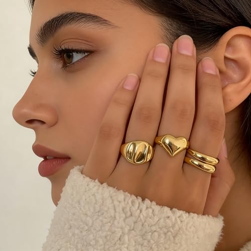 YEEZII Chunky Gold Rings for Women Non Tarnish, 18K Gold Plated Stackable Thumb Ring, Statement Women Rings Set - color: Gold-D
