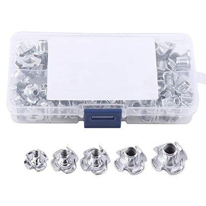 120 Pcs M3 M4 M5 M6 M8 Zinc Plated Carbon Steel T-Nuts Four Claws Nut Assortment Kit for Wood, Rock Climbing Holds, Cabinetry, Furniture