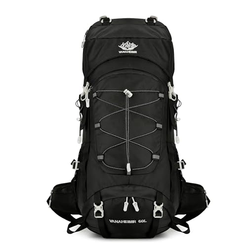 60L Travel Hiking Camping Backpack with Rain Cover, Backpack Water Resistant,Climbing Backpack for Men Women - color: Black