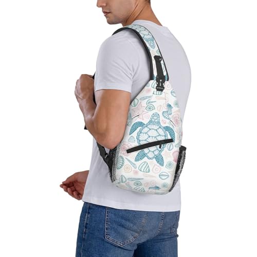 Sea Turtle Crossbody Sling Bag for Women Men Coastal Sea Animal Turtle and Shells in Line Art Style Travel Sling Backpack Casual Shoulder Bag Underwater World Print Sports Hiking Daypack - color: Blue Pink