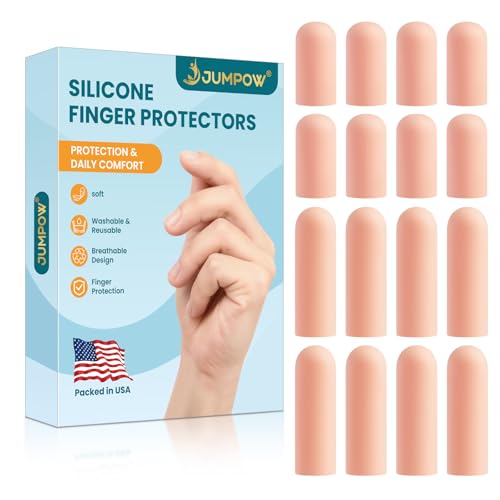 JUMPOW Gel Finger Cots Protectors, Silicone Finger Covers Caps Sleeves Flexible Shields for Fingertip Thumb Protection, Arthritis, Rubbing, Cracking, Hangnail & Pain Relief (Complexion, M+L, 16PCS) - style: Medium+Large