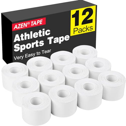 12 Pack Athletic Sports Tape, Athletic & Medical Trainers & First Aid Tape for Injuries, Wrist Ankle Finger Tape, Easy to Tear & No Sticky Residue, 1.5 in X 10 Yards (White)