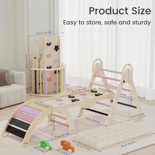 Pikler Triangle Set, Baby Climbing Playset Toys Indoor, Jungle Gyms for Toddlers Ages 1-4, Toddler Climbing Playground with Cushion & Toy Car - color: Purple