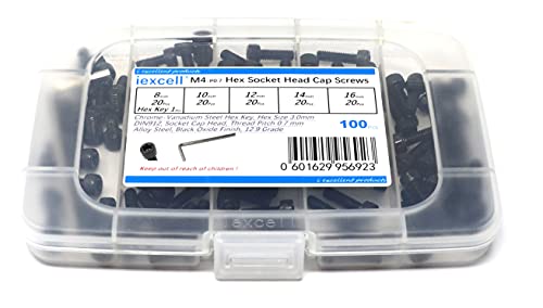 iexcell 100 Pcs M4 x 8/10/12/14/16 Alloy Steel 12.9 Grade Hex Socket Head Cap Screws Bolts Assortment Kit, Black Oxide Finish - size: M4 x 8/10/12/14/16mm