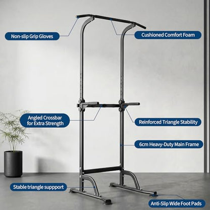 Power Tower Home Gym Strength Training Station Adjustable 10 Height Levels, Heavy-Duty Chin-Up Tower with Parallel Dip Handles, Bodyweight Workout Equipment for Pull-Ups, Dips, Knee Raises, Push-Ups, 330 Lb Capacity - color: Black
