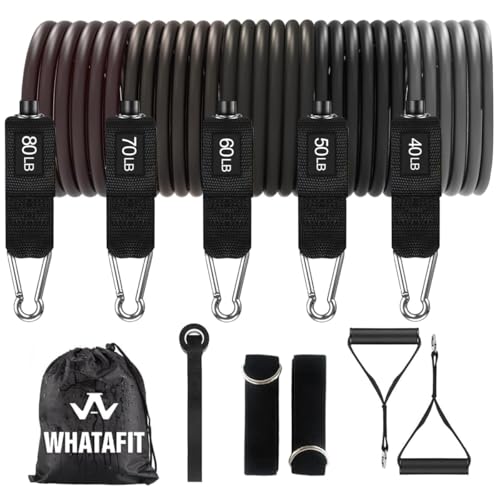 WHATAFIT Resistance Bands with Handles, 5-Level Exercise Bands for Workout | Natural latex,10-50 lbs, stackable to 150,Ankle Straps, Door Anchor,Guide. For Strength, Yoga,Home Gym,Travel & Workout. - color: Deep Gray