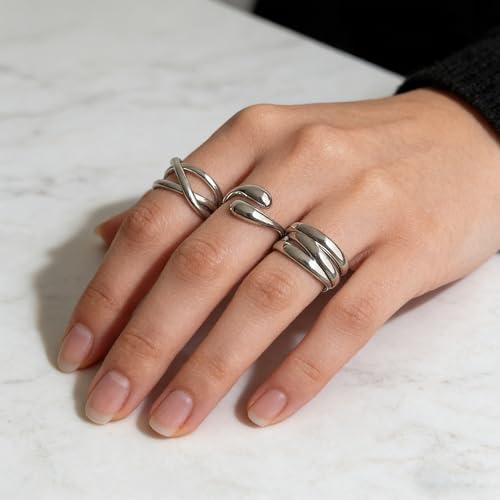 YEEZII Chunky Gold Rings for Women Non Tarnish, 18K Gold Plated Stackable Thumb Ring, Statement Women Rings Set - color: Silver-3Pcs