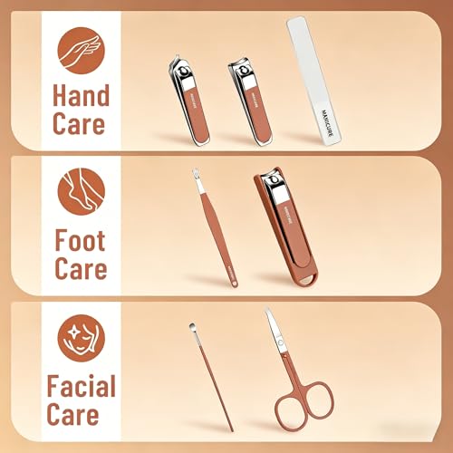 8Pcs Manicure Set, Stainless Steel Nail Clipper Kit with Coffee Carry Case, Professional Nail Care Tools for Home & Travel