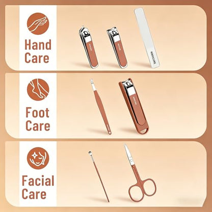 8Pcs Manicure Set, Stainless Steel Nail Clipper Kit with Coffee Carry Case, Professional Nail Care Tools for Home & Travel