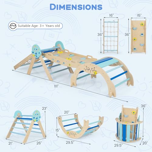 HONEY JOY Pikler Triangle Set, 9 in 1 Foldable Wooden Triangle Climber w/Arch, Ramp, Climbing Rope & Ladder, Baby Indoor Playground Jungle Gym, Montessori Climbing Toy for Toddlers (Blue) - color: Blue