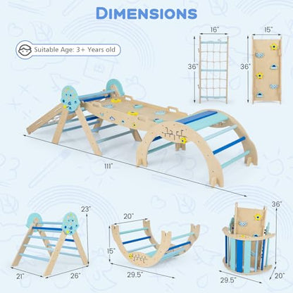 HONEY JOY Pikler Triangle Set, 9 in 1 Foldable Wooden Triangle Climber w/Arch, Ramp, Climbing Rope & Ladder, Baby Indoor Playground Jungle Gym, Montessori Climbing Toy for Toddlers (Blue) - color: Blue