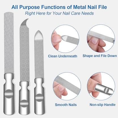 Stainless Steel Nail File (3 Pack) for Natural Nails, Metal Nail Files with Sharp Pointed Tip Fingernail File Sheath Case Double Sided Reusable Flat File Manicure Tool Home Salon Travel Use Men Women - size: 3 Pack Stainless Steel Nail File with PU Case