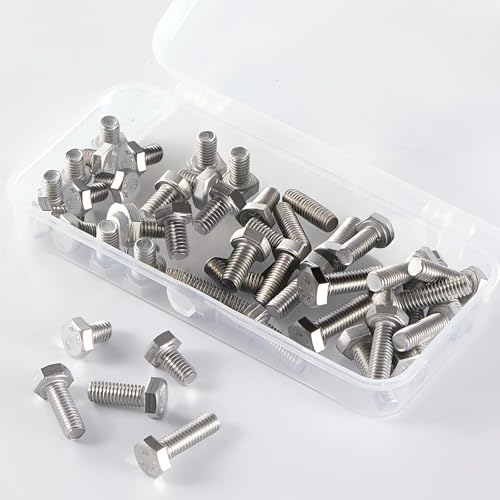 M6-1.0 Hex Head Screw Bolts - 20/25/30/35/40mm Length Kit, 304 Stainless Steel(A2-70), Bright Finish, Fully Threaded, Hexagon Head Bolts,Quantity 50-Piece Set - size: 304-Hex-M6-20-40mm