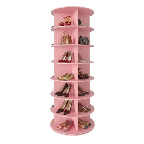 SpaceAid 7 Tier Rotating Shoe Rack Tower, Spinning Shoe Display Lazy Susan, Revolving 360 Shoe Rack Storage Round Carousel, Vertical Handbag Rotate Shoes Closet Organization (7-Tier Pink) - color: Pink, size: 7 Tier (23.2"W x 63"H)