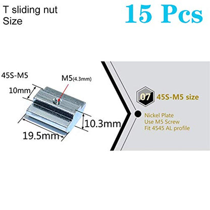 15pcs 4545 Series Sliding T Nuts Metric M5 Thread Slide in Hammer Head T-Nut for Standard 10mm T-Slot Aluminum Extrusion Profile （4545 Series M5） - size: 4545 Series M5