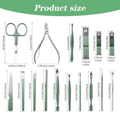 Travel Manicure Set, Mini Nail Clipper Set of 16, Fingernail Set for Men Women with Leather Case, Grooming Kit with Nail Care Tools Beauty Scissors Tweezers (Jade Green)