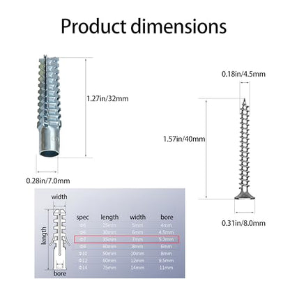 24-Piece Hollow Wall Expansion Screw Set with Screws, Loose Hinge Hole Repair Tool, Suitable for Concrete, Hollow Walls, Wood, and Hinge Hole Repairs (6x32mm) (Silver) - color: Silver