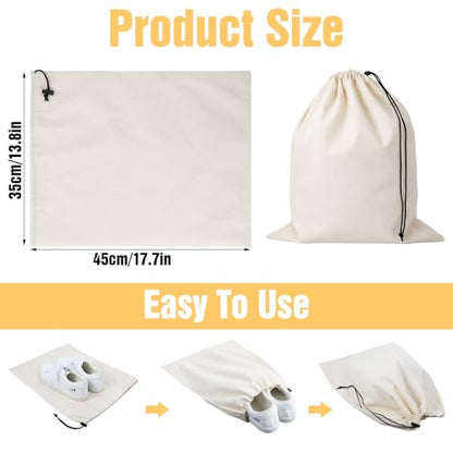 6 Pack Cotton Shoe Bags for Travel & Storage - 17.7"x13.8" Dustproof Drawstring Pouches, Washable & Reusable Cotton Organizers (Beige)