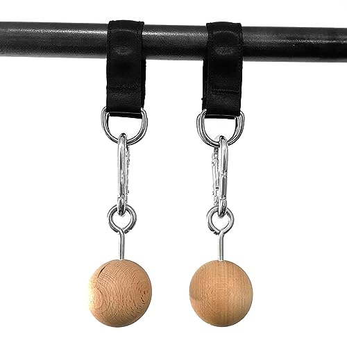 Wooden Pull Up Ball Arm Strength Trainer, Pull Up Ball for Rock Climbing Holds & Grip Training, 2.4kg Beech Wood Balls with Stainless Steel Fasteners and Nylon Webbing for Home Gym