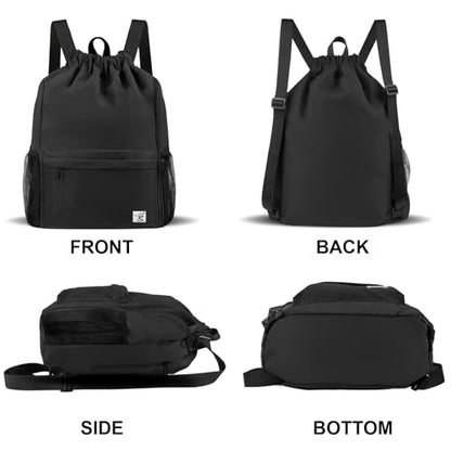 Drawstring Backpack with Mesh Pockets String Gym Bag Sackpack Sandproof Water Resistant Beach Backpack for Men Women - color: Black102