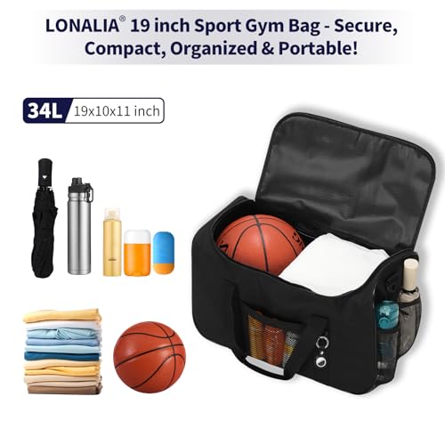 35L Sports Gym Duffle Bag - 19 inch Weekender Duffel for Workout, Basketball, Fitness, Training (Black) - color: Black