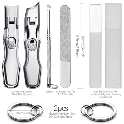 Curved & Slanted Nail Clipper Set, Wide Jaw with Folding Safety Lock, Heavy Duty Stainless Steel Toenail Clippers with File & Ear Pick, Anti-Splash for Thick Ingrown Nails for Seniors, Men - color: Curverd & Slanted Set