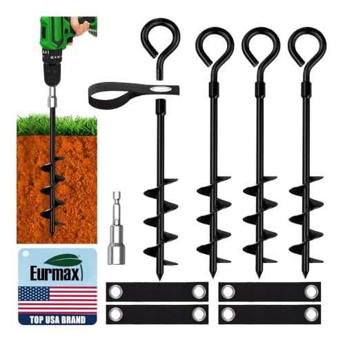 Eurmax USA 4 Pack Heavy Duty Ground Stakes&Anchors,Commercial Spiral Screw-in Trampoline Stakes with Reinforced Tie-Down Straps,High Wind Stabilizing Kit for Canopies,Outdoor Sheds,Swing Sets(Black) - color: Black, style: Round Head